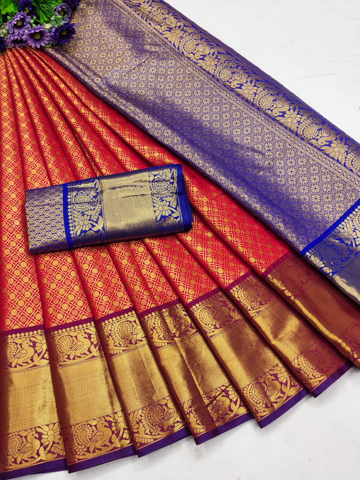 Kanchivaram semi saree with attached blouse