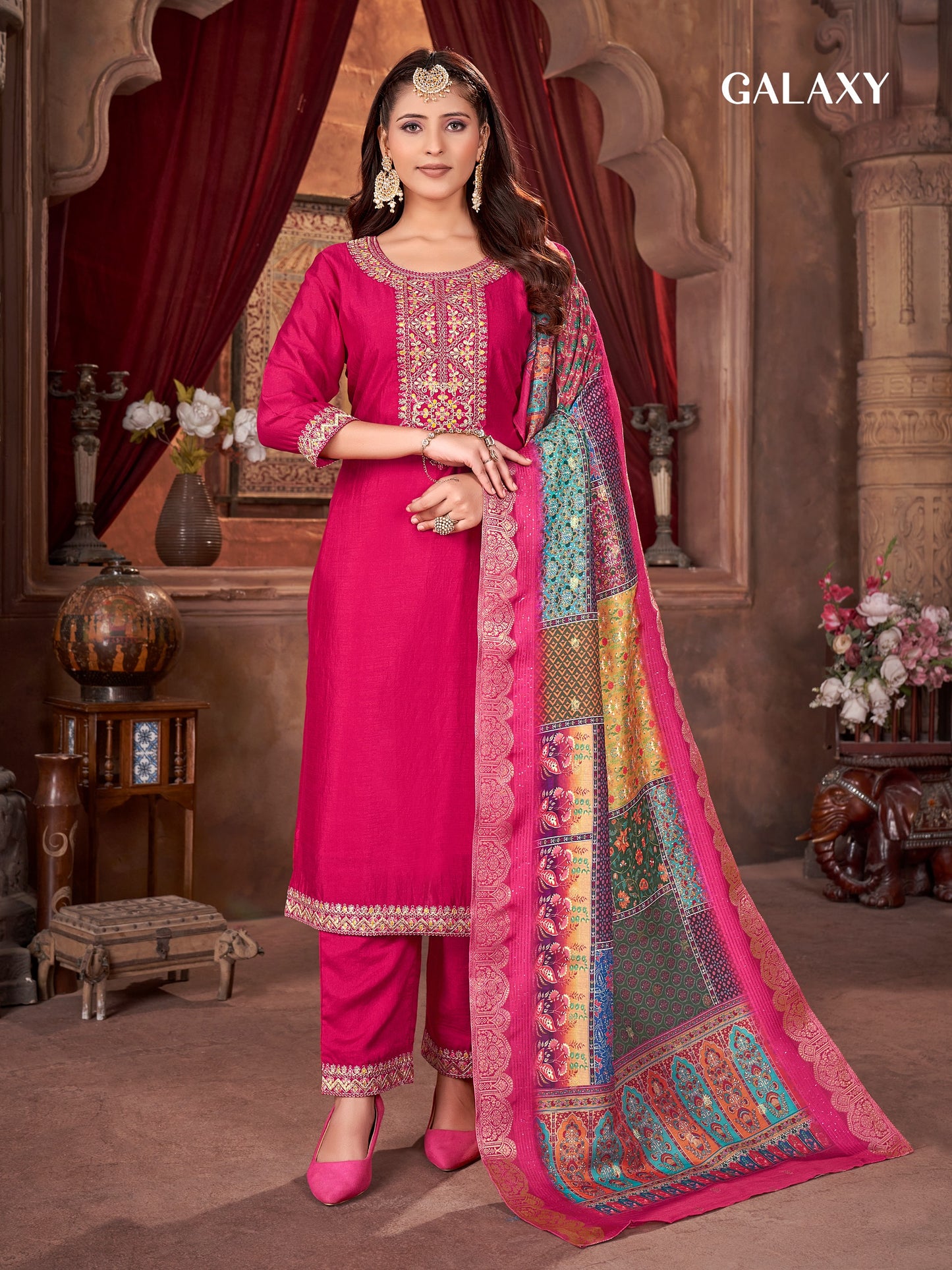 vichitra silk heavy embroidery pink salwar with jacquard sequence dupatta