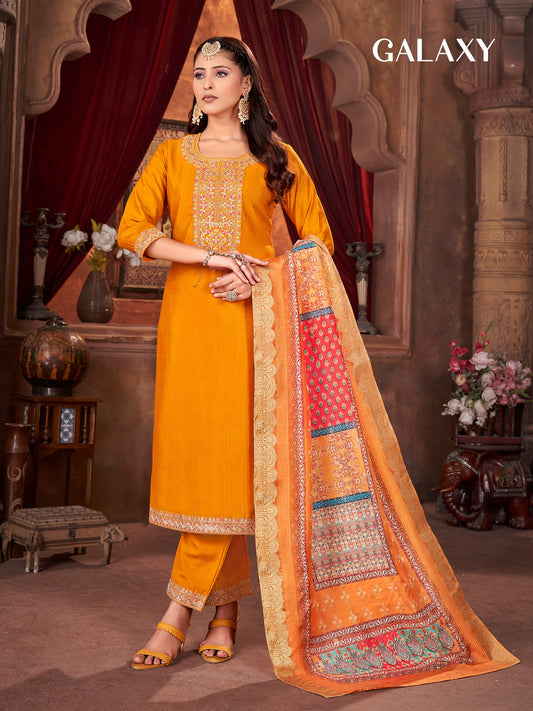 vichitra silk heavy embroidery yellow orange salwar with jacquard sequence dupatta