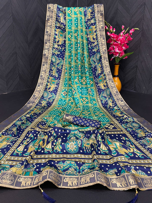 Bandani patola design silk with jacquard fabric saree unstitched blouse