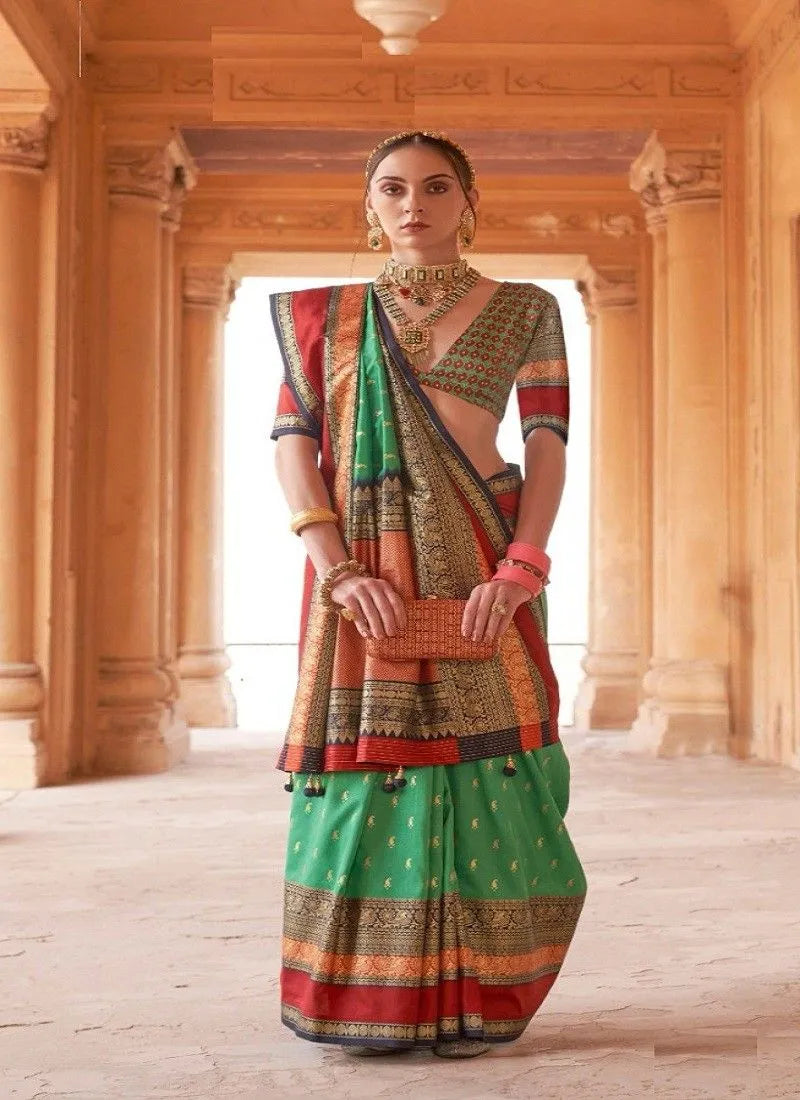 Designer coral green red silk saree with designer blouse, ready blouse, fall, pico, with broach and purse