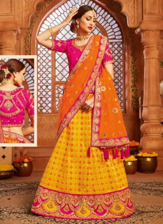 Banaras yellow pink orange zarkan embroidery heavy lehenga with designer blouse