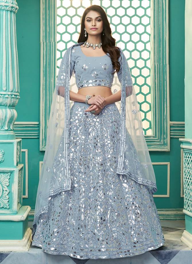 Grey foil work heavy lehenga