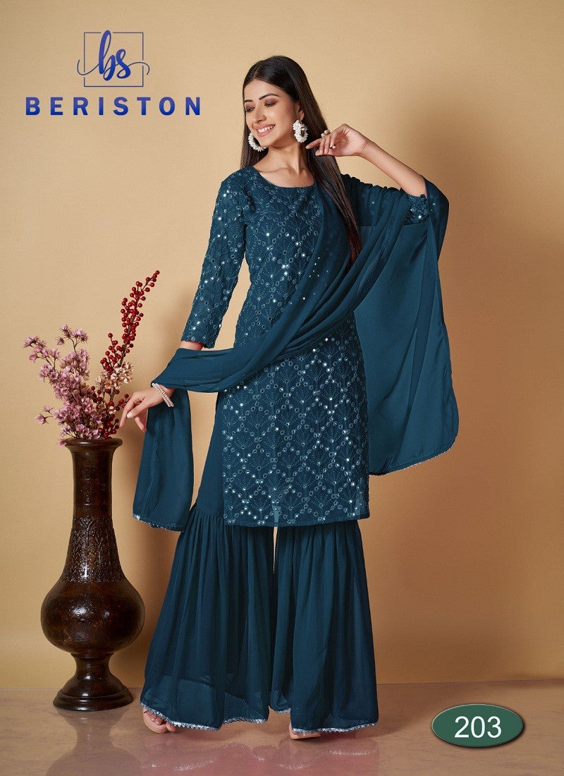 teal blue georgette salwar sharara style with sequence work