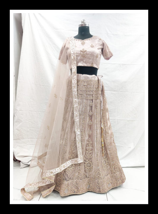 Gold net zarkan embroidery lehenga