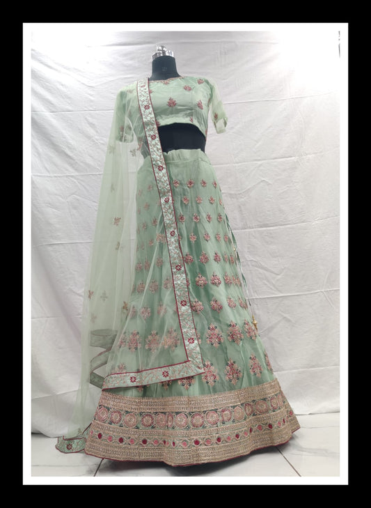 Mint green net embroidery lehenga