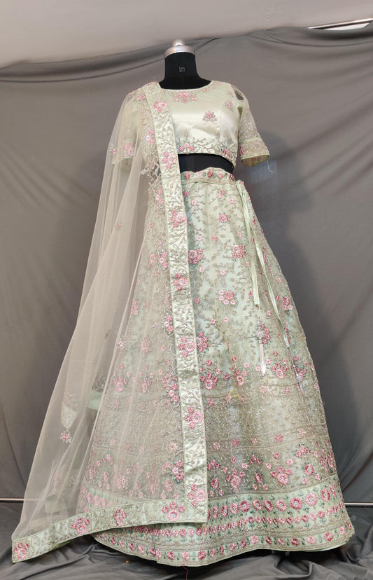 Mint green net embroidery zarkan diamond heavy lehenga