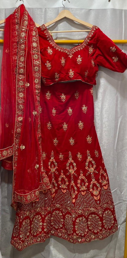 Maroon red velvet lehenga with zarkan zari embroidery flower design