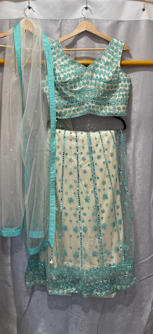 Blue embroidery mirror zarkan lehenga