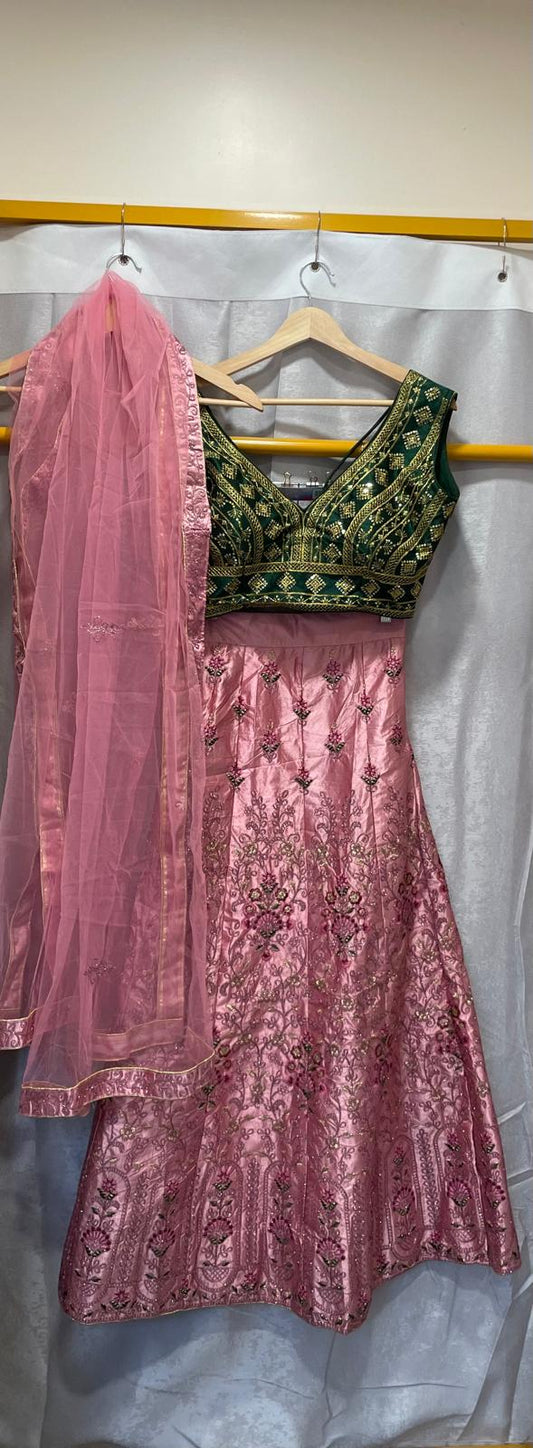 Pink Green malay satin lehenga