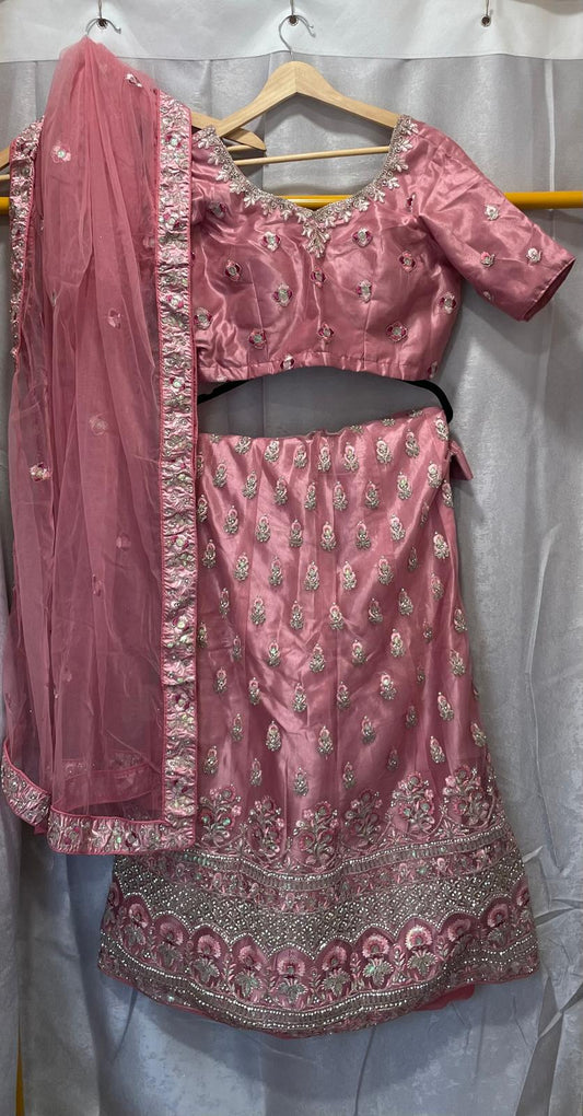 Pink net zarkan heavy flower embroidery lehenga