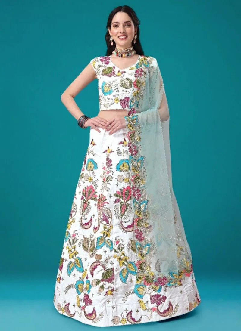 White sequence multi embroidery lehenga