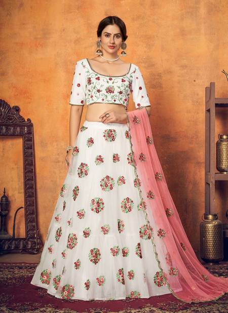 Net embroidery white pink lehenga