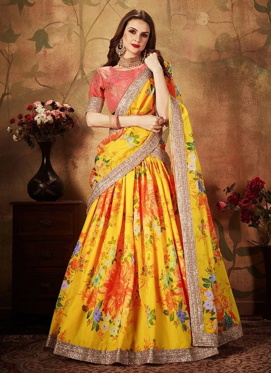 Yellow orange flowers bangalori silk with dori work