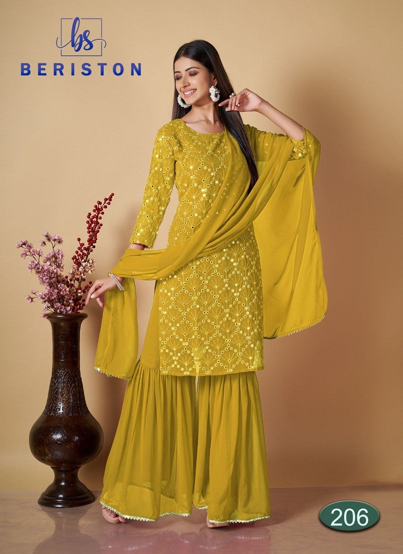 yellow georgette salwar sharara style with sequence work