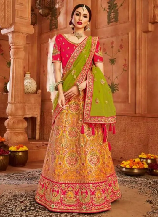 Banaras yellow zarkan embroidery heavy lehenga with designer blouse