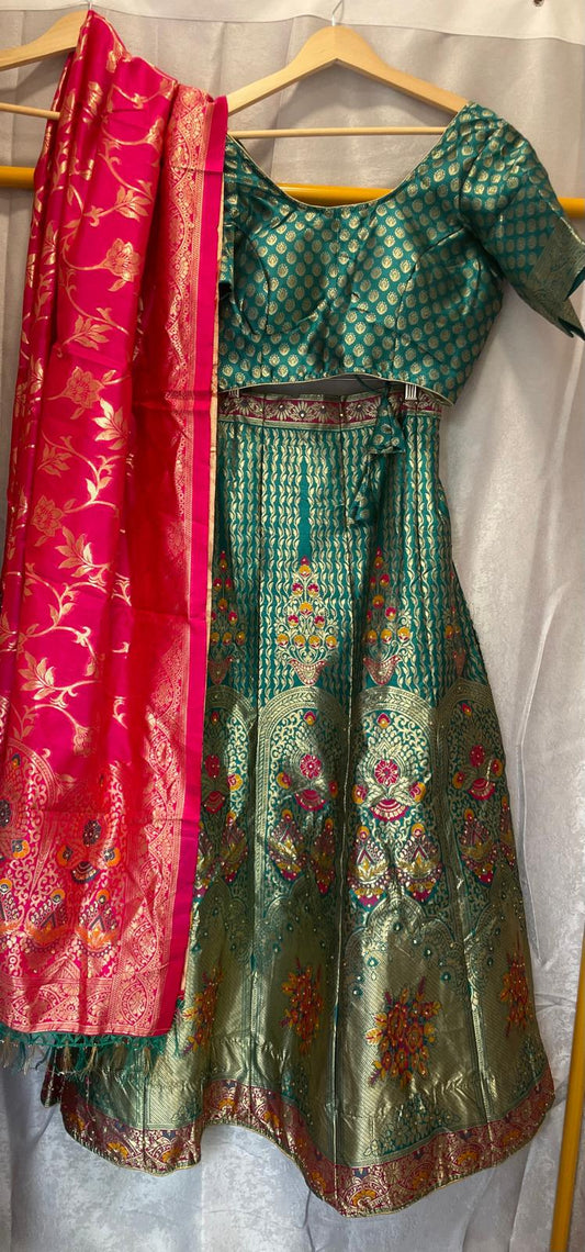 Banaras green flowers lehenga with banaras dupatta