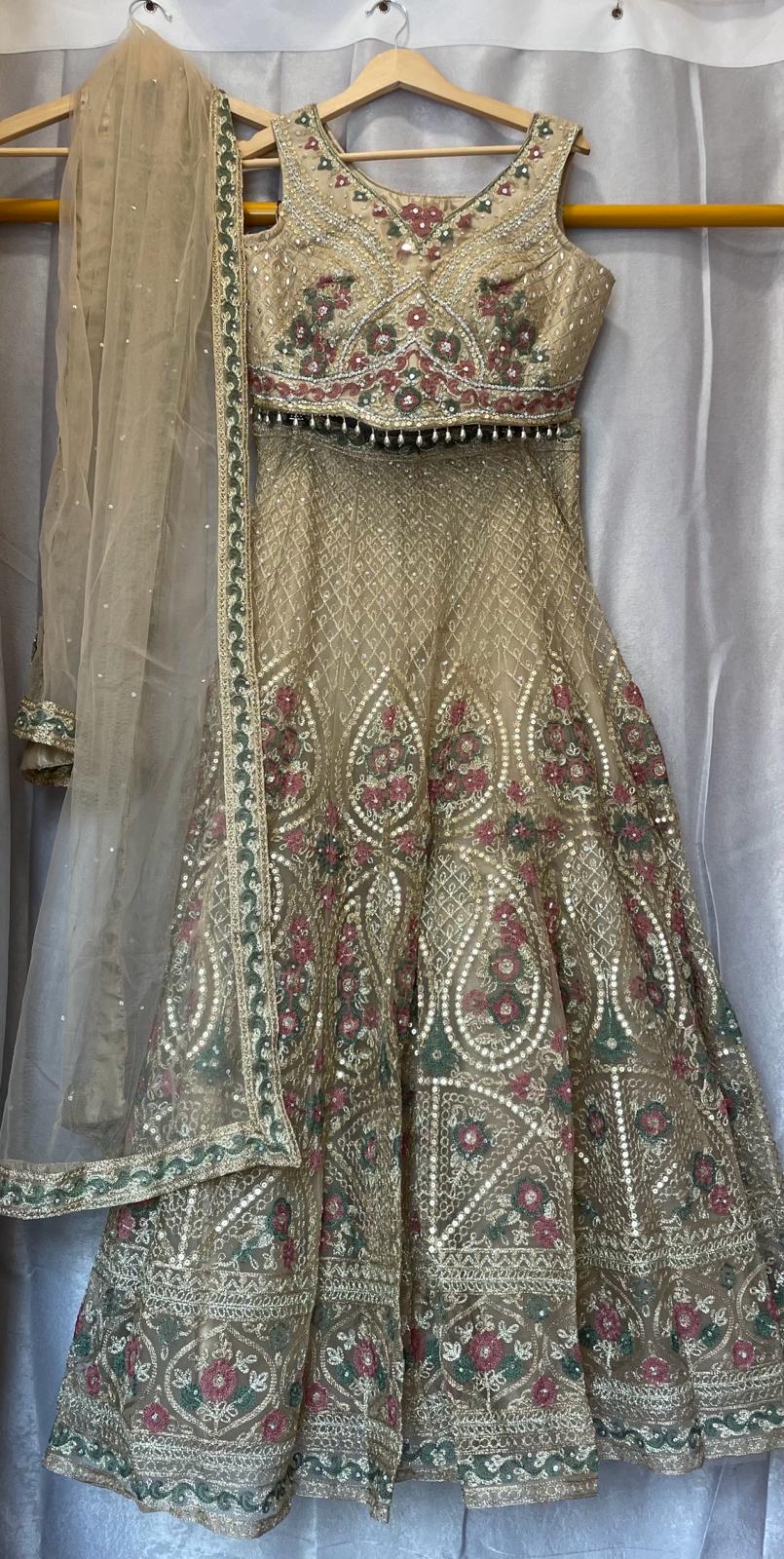 Beige gold zarkan embroidery lehenga with designer choli