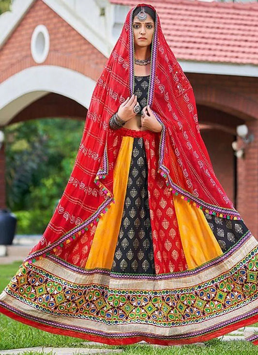 black-yellow-red multi garba navratri lehenga