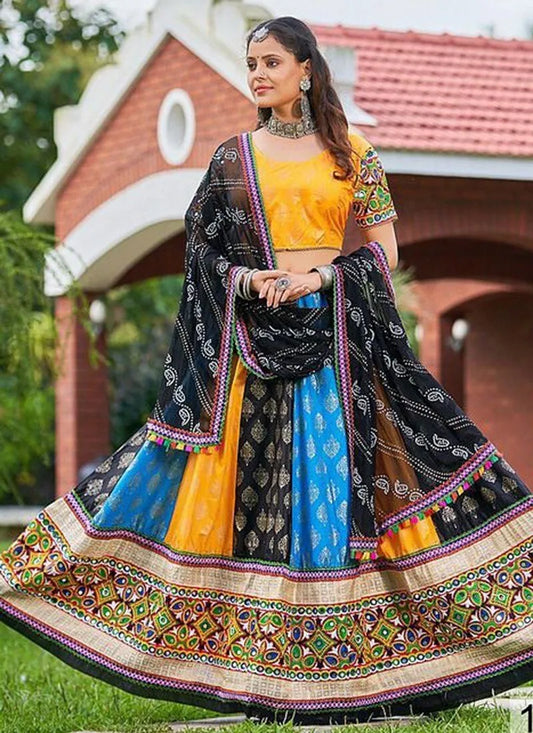 black-yellow-blue multi garba navratri lehenga