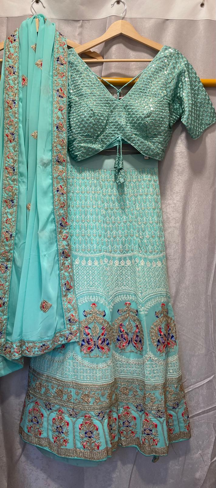 Blue georgette lakhnavi peacock embroidery zarkan with georgette dupatta and designer choli