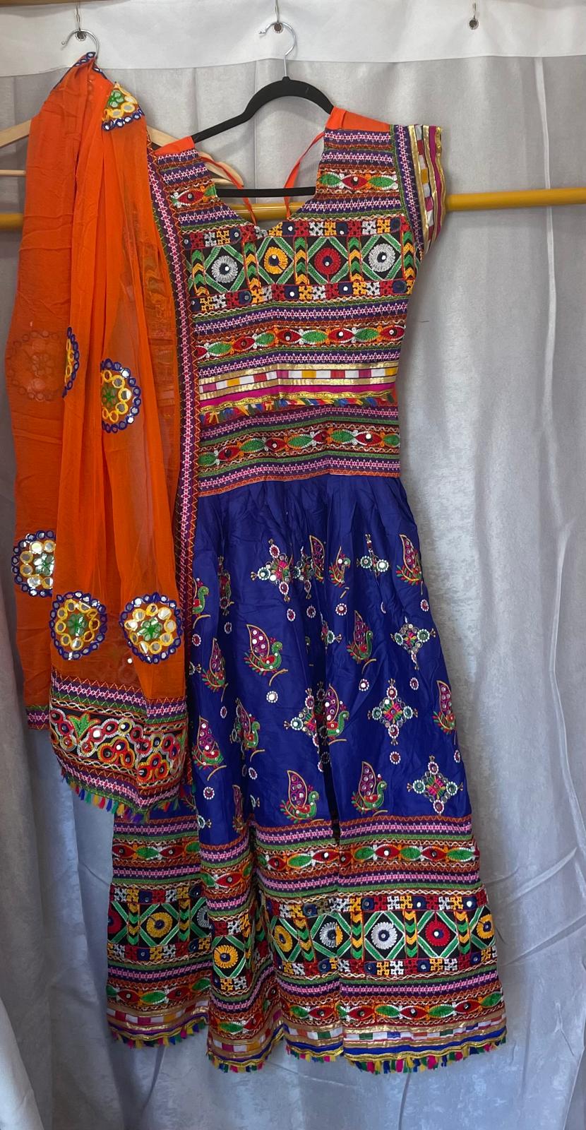 Blue orange peacock designs garba navratri lehenga