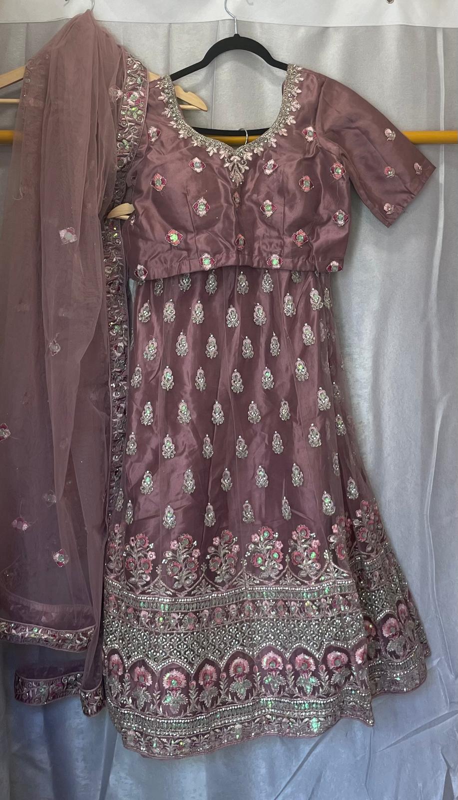 Brown wine net zarkan heavy flower embroidery lehenga