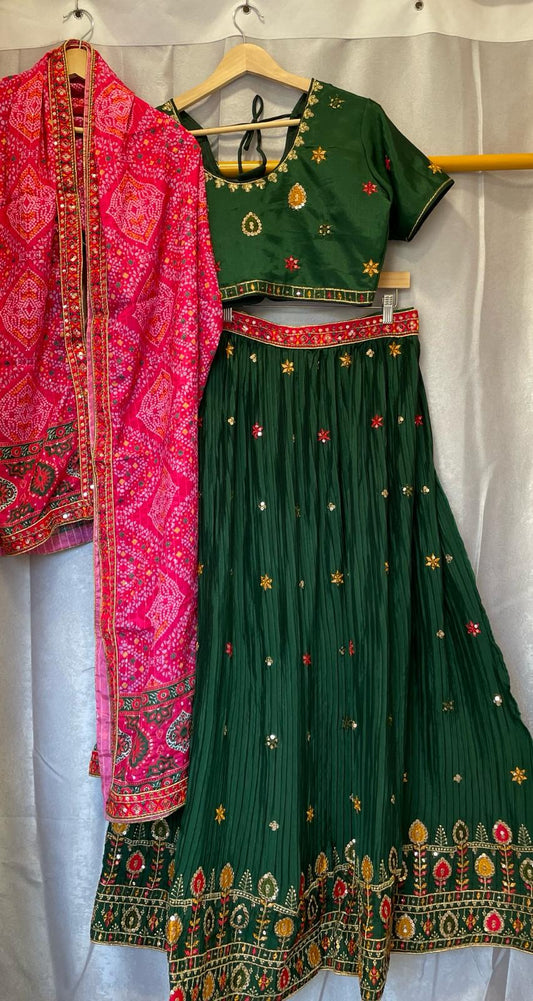 Green georgette crushed silk lehenga with embroidery sequence mirror with bandani dupatta