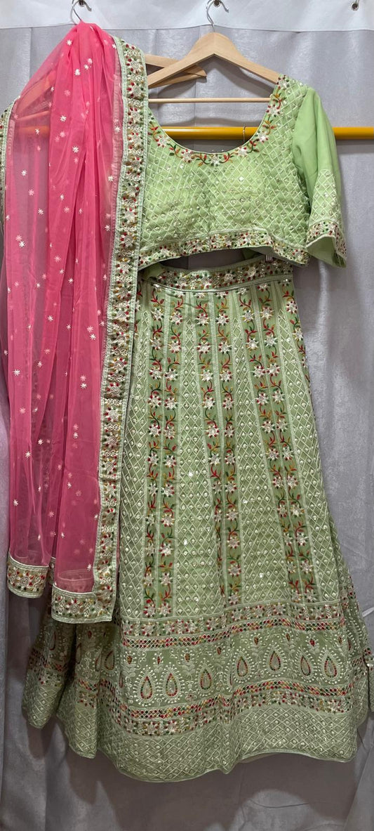 Mint green pink lakhnavi lehenga with sequence work