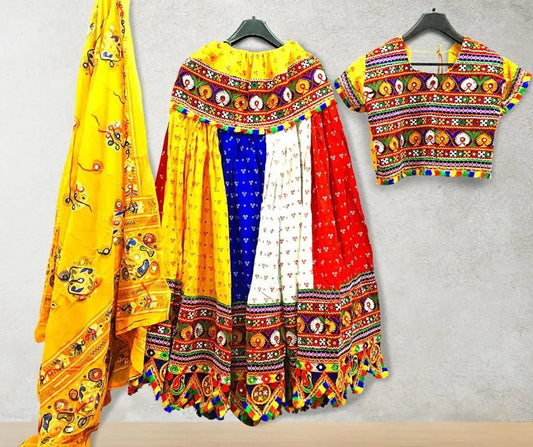 Yellow blouse multi color gher  garba navratri lehenga