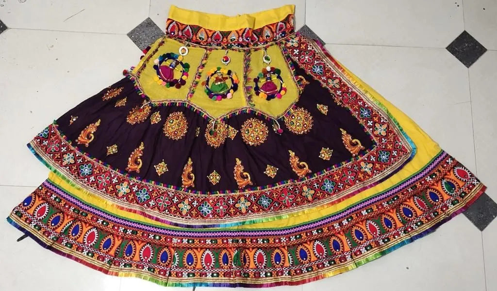 yellow black dolls garba navratri lehenga