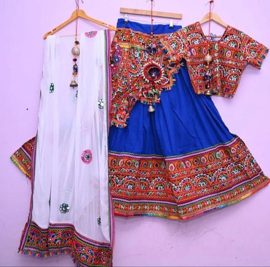 blue mirror multi garba navratri lehenga