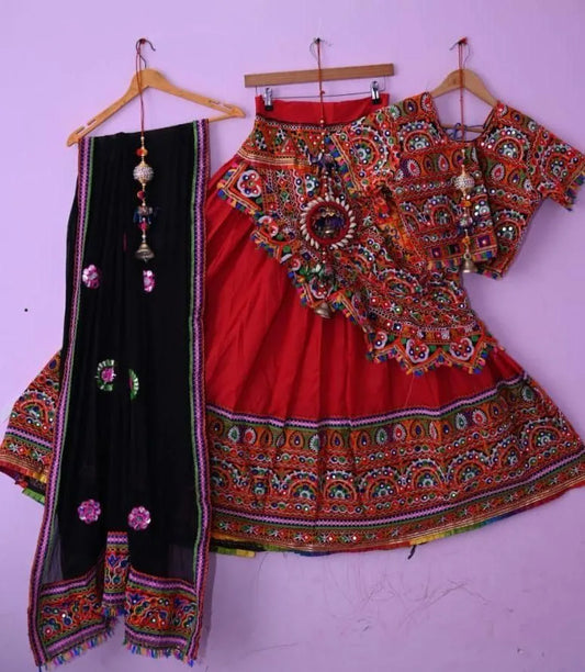 red mirror multi garba navratri lehenga