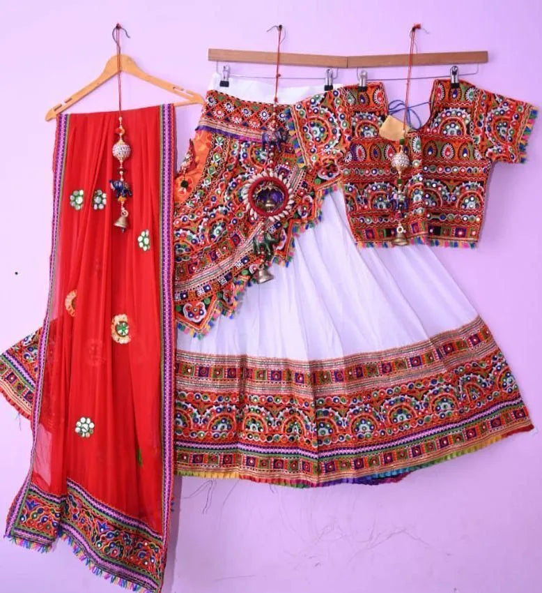 white red mirror multi garba navratri lehenga