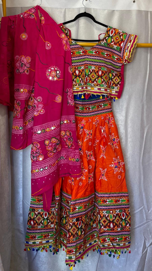 Orange pink peacock designs garba navratri lehenga