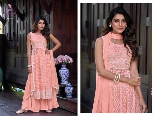 Peach georgette palazzo naira cut sleeveless salwar