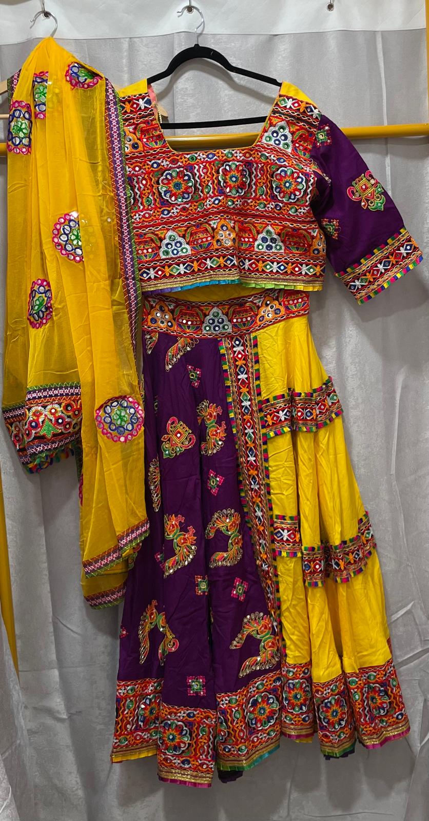 yellow purple split frill peacock designs garba navratri lehenga