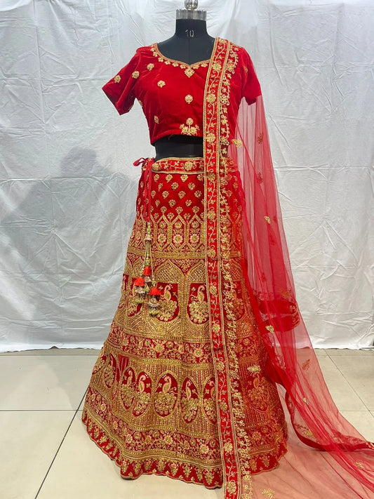 Red velvet embriodery zarkan heavy lehenga